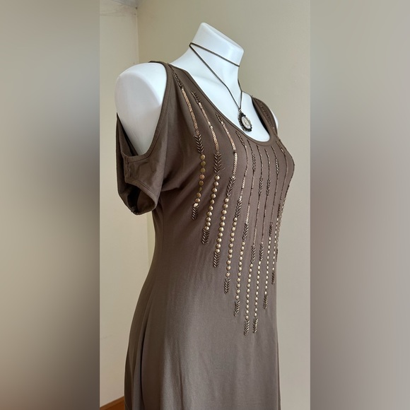 Charming Charlie NWT Olive Green Open Sleeves For Shoulders  Gold beading SZ S - Picture 3 of 12